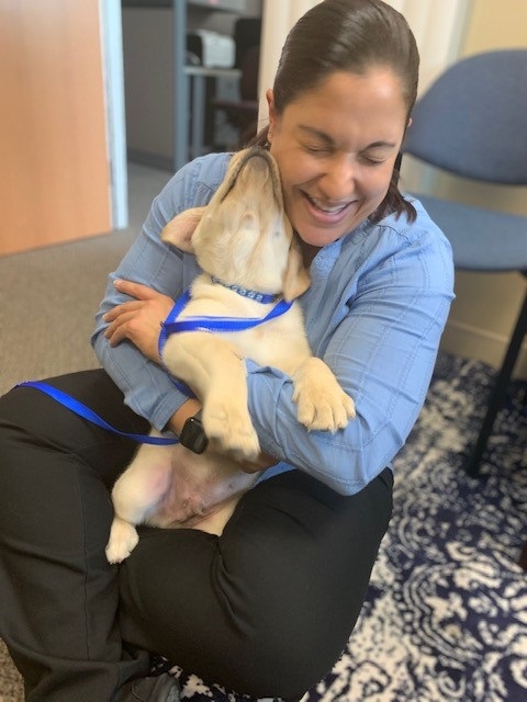 woman hugging yellow lab puppy