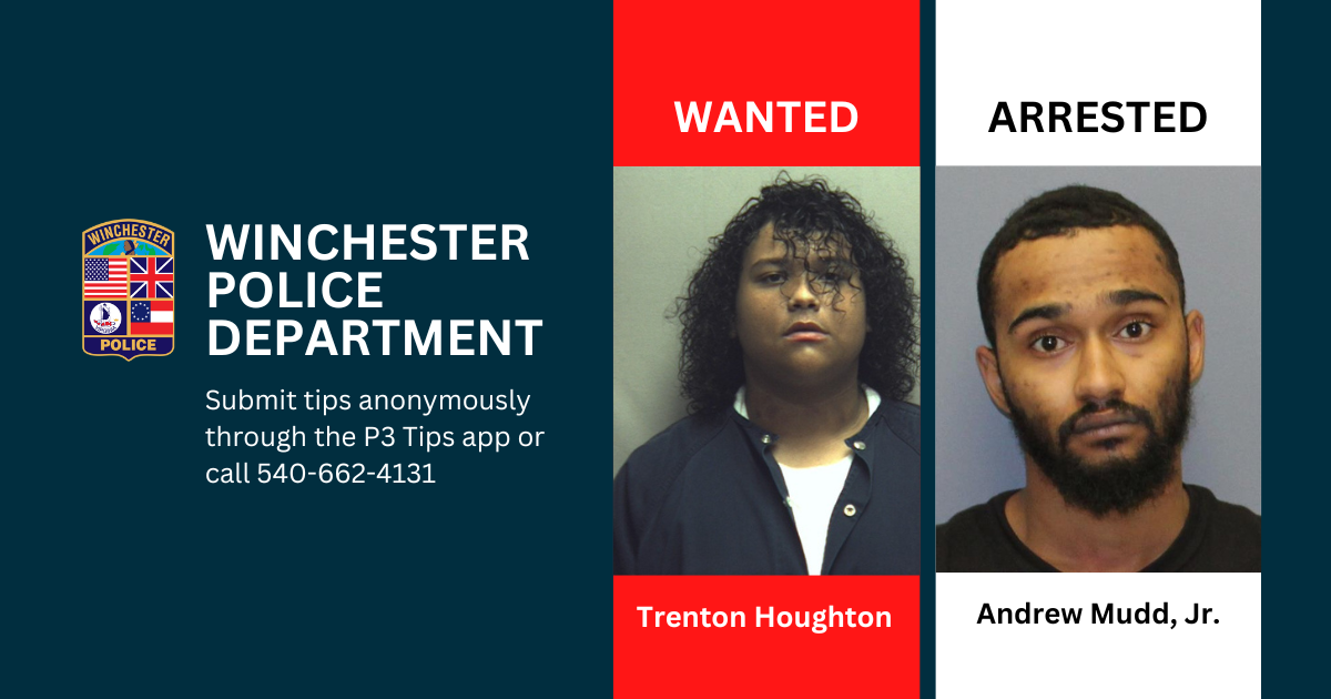 two mugshot photos with details on how to submit tips to the Winchester Police Department