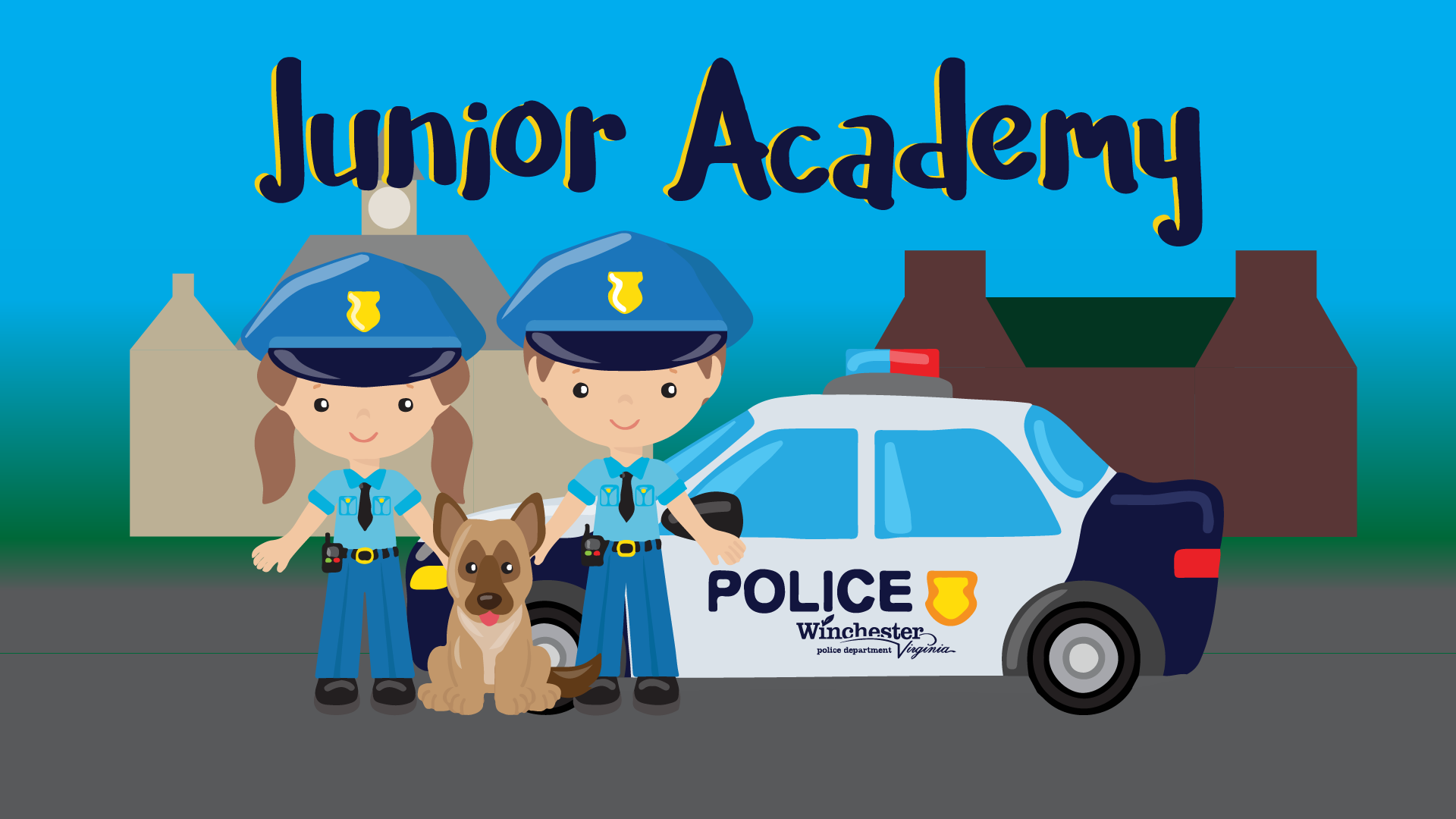 Cartoon drawing of one young female police officer and one young male police officer with a young police K-9 between them. Behind the officers and k-9 are a police car, Rouss City Hall, and Timbrook Public Safety Building