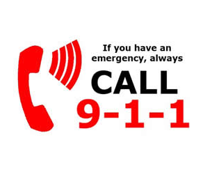 A red phone with radio waves emitting from it toward the text 'If you have an emergency, always CALL 9-1-1'